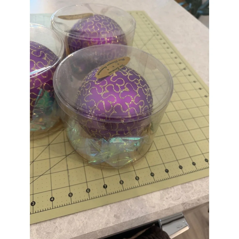 Fine European Glass Christmas Ornaments Purple Gold Glitter Set of 3 Poland.